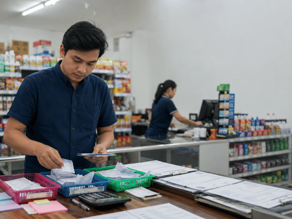 Pemilik minimarket menyusun rekap transaksi toko dengan mengelompokkan struk penjualan agar pencatatan lebih efisien dan mudah dipantau.