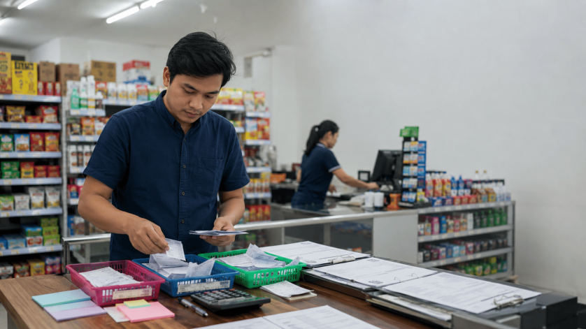 Pemilik minimarket menyusun rekap transaksi toko dengan mengelompokkan struk penjualan agar pencatatan lebih efisien dan mudah dipantau.